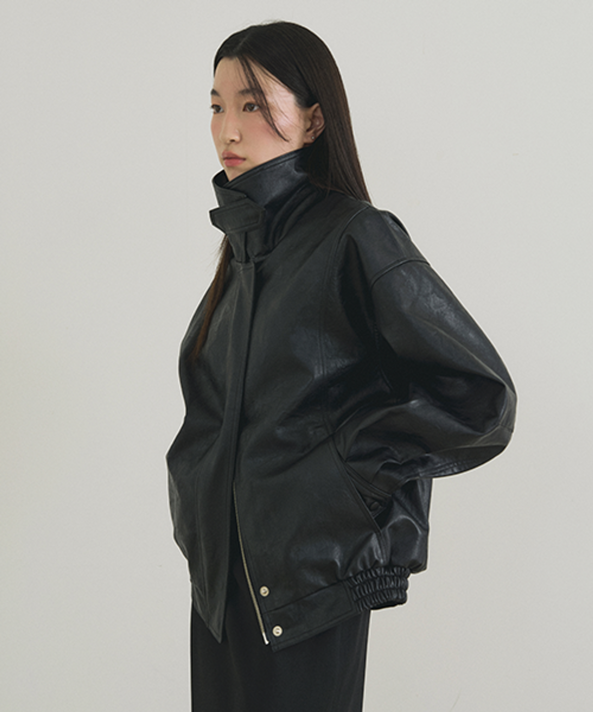 링서울(LINGSEOUL) over fit leather blouson jacket-black
