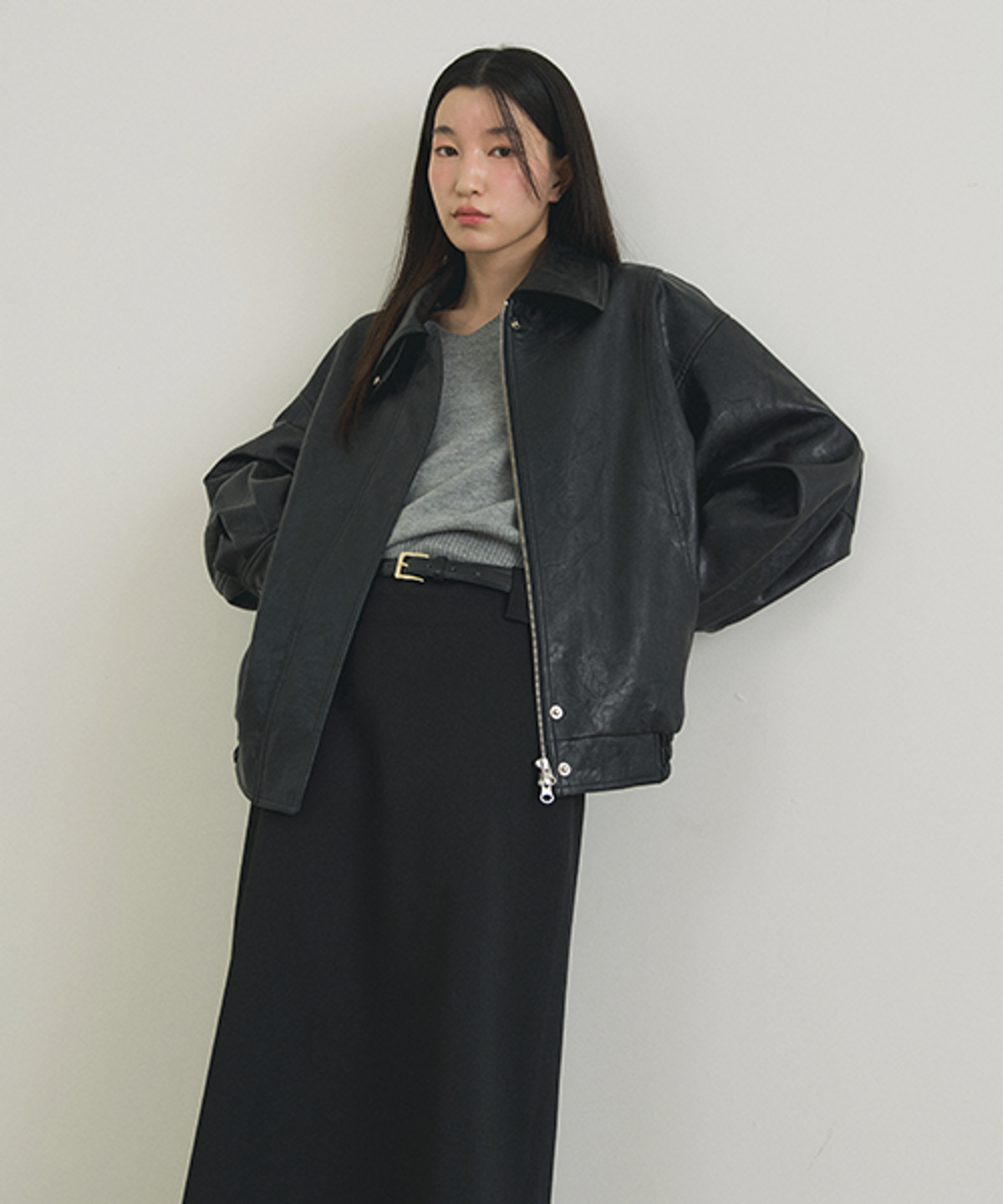 링서울(LINGSEOUL) over fit leather blouson jacket-black