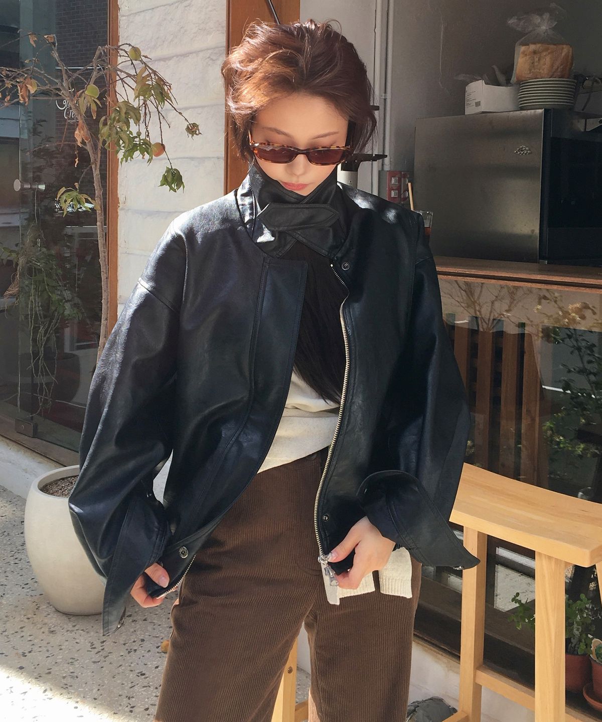 링서울(LINGSEOUL) over fit leather blouson jacket-black