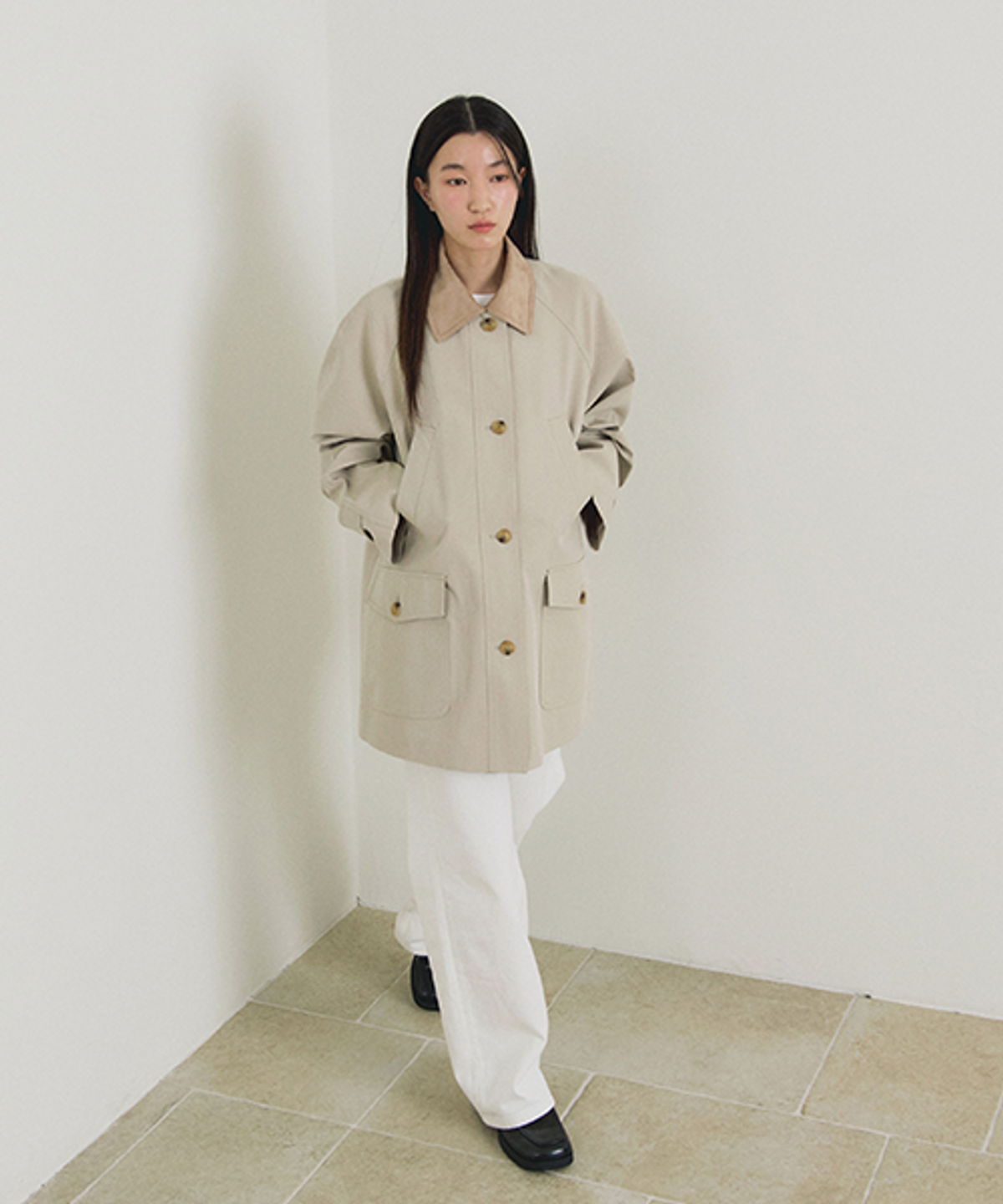 링서울(LINGSEOUL) suede collar trench half coat-beige