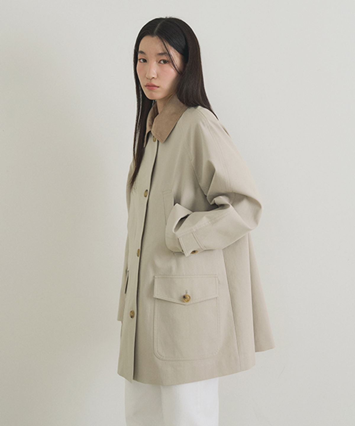 링서울(LINGSEOUL) suede collar trench half coat-beige