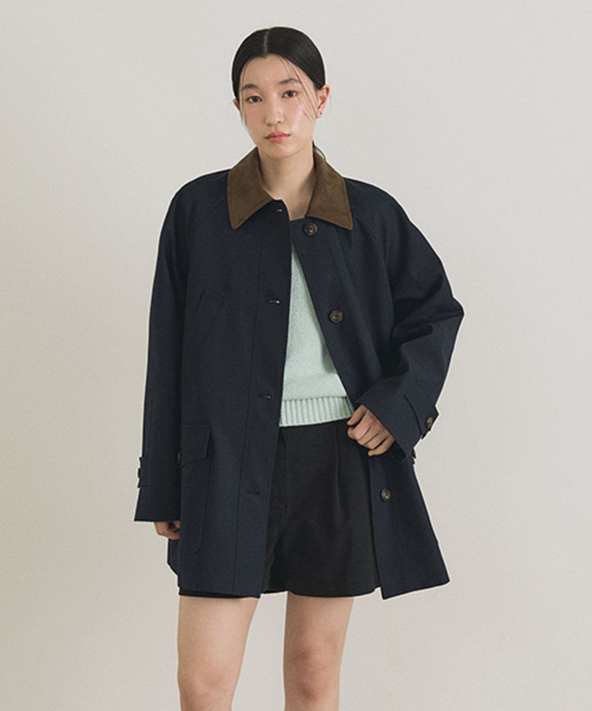 링서울(LINGSEOUL) suede collar trench  half coat-navy
