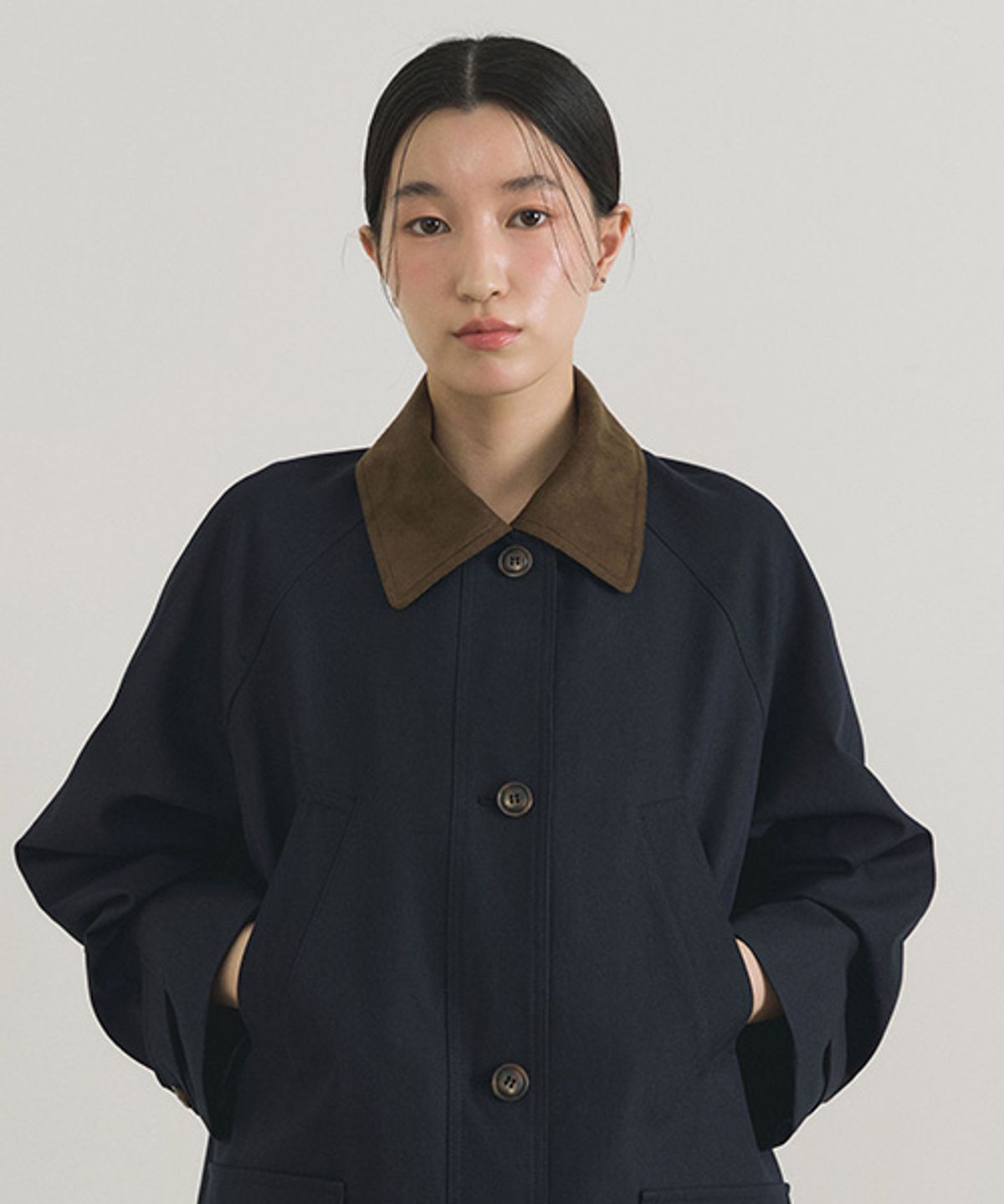 링서울(LINGSEOUL) suede collar trench  half coat-navy