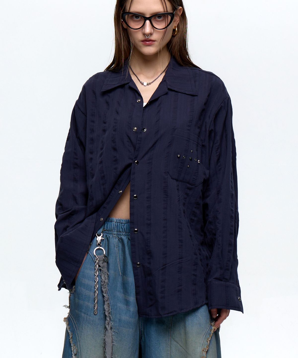 알에스에스씨(RSSC) RIVET WRINKLE STRIPE SHIRT - NAVY