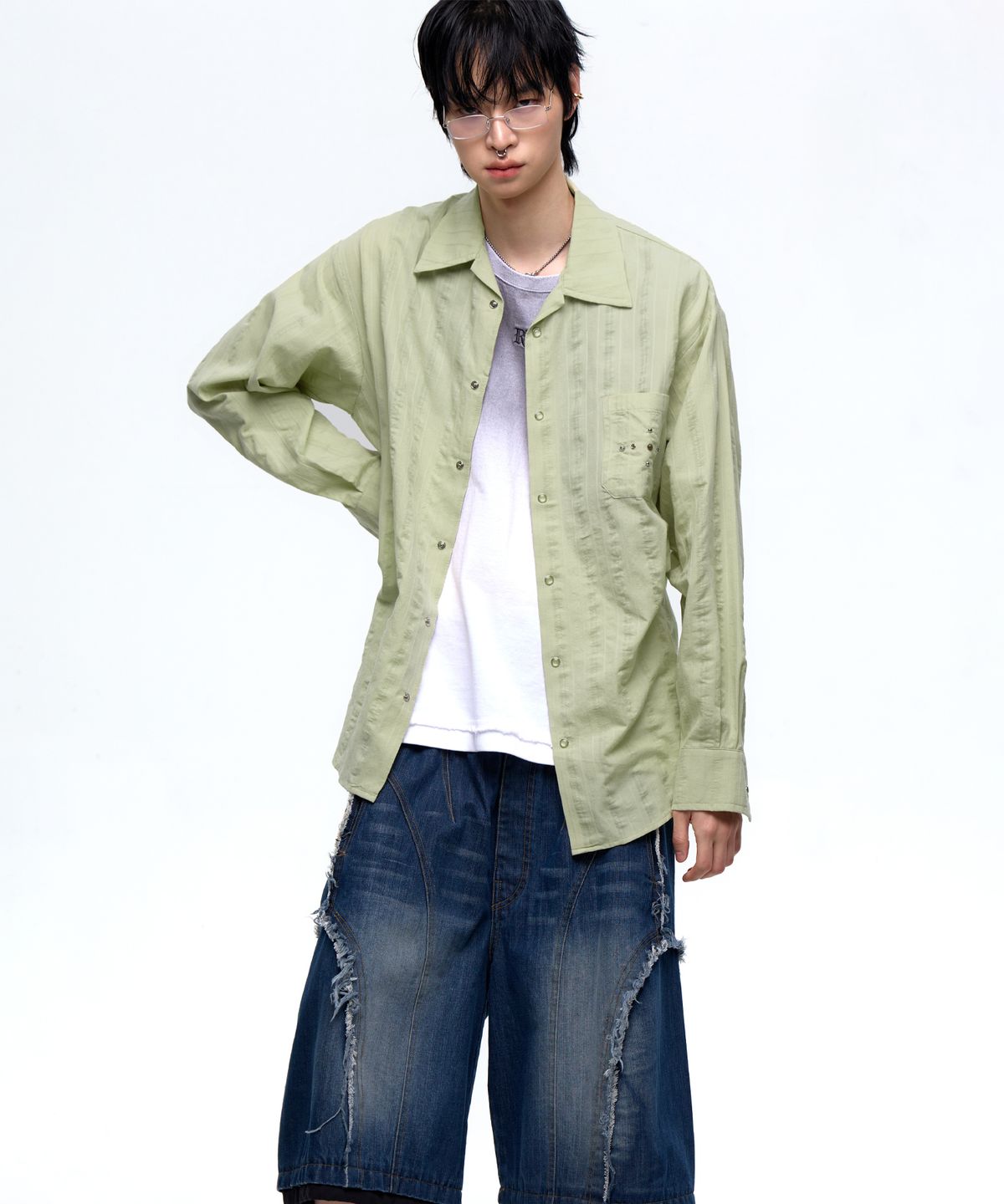 알에스에스씨(RSSC) RIVET WRINKLE STRIPE SHIRT - DUSTY GREEN