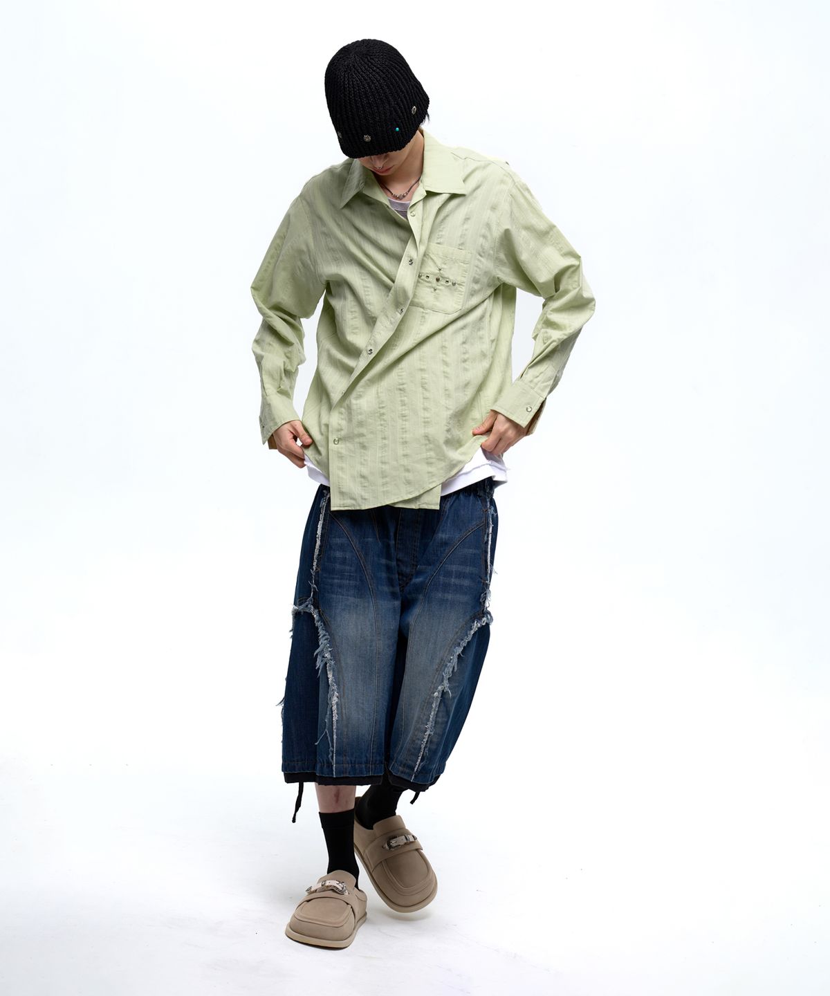 알에스에스씨(RSSC) RIVET WRINKLE STRIPE SHIRT - DUSTY GREEN