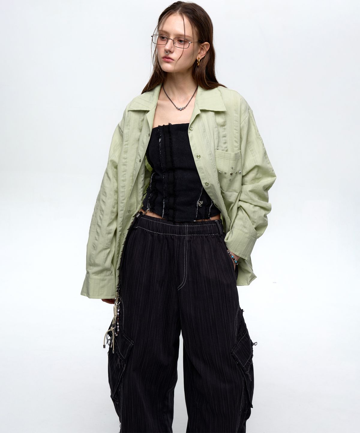 알에스에스씨(RSSC) RIVET WRINKLE STRIPE SHIRT - DUSTY GREEN