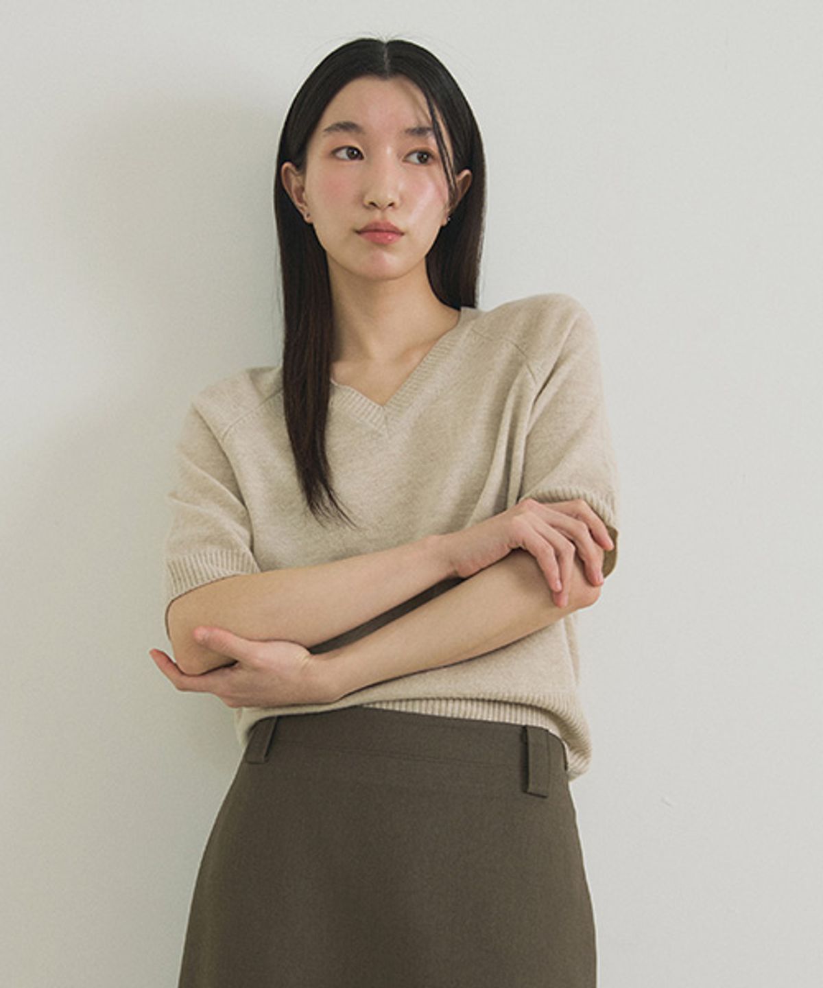 링서울(LINGSEOUL) merino wool v-neck half knit top-oatmeal