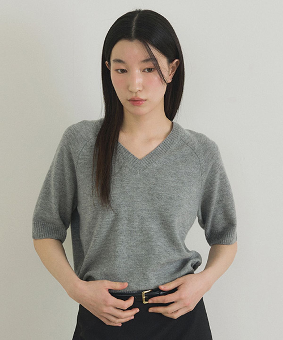 링서울(LINGSEOUL) merino wool v-neck half knit top-gray