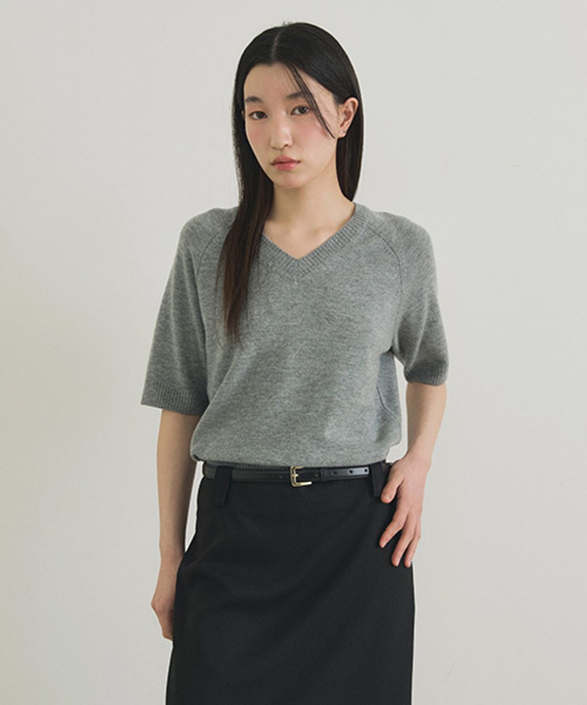 링서울(LINGSEOUL) merino wool v-neck half knit top-gray