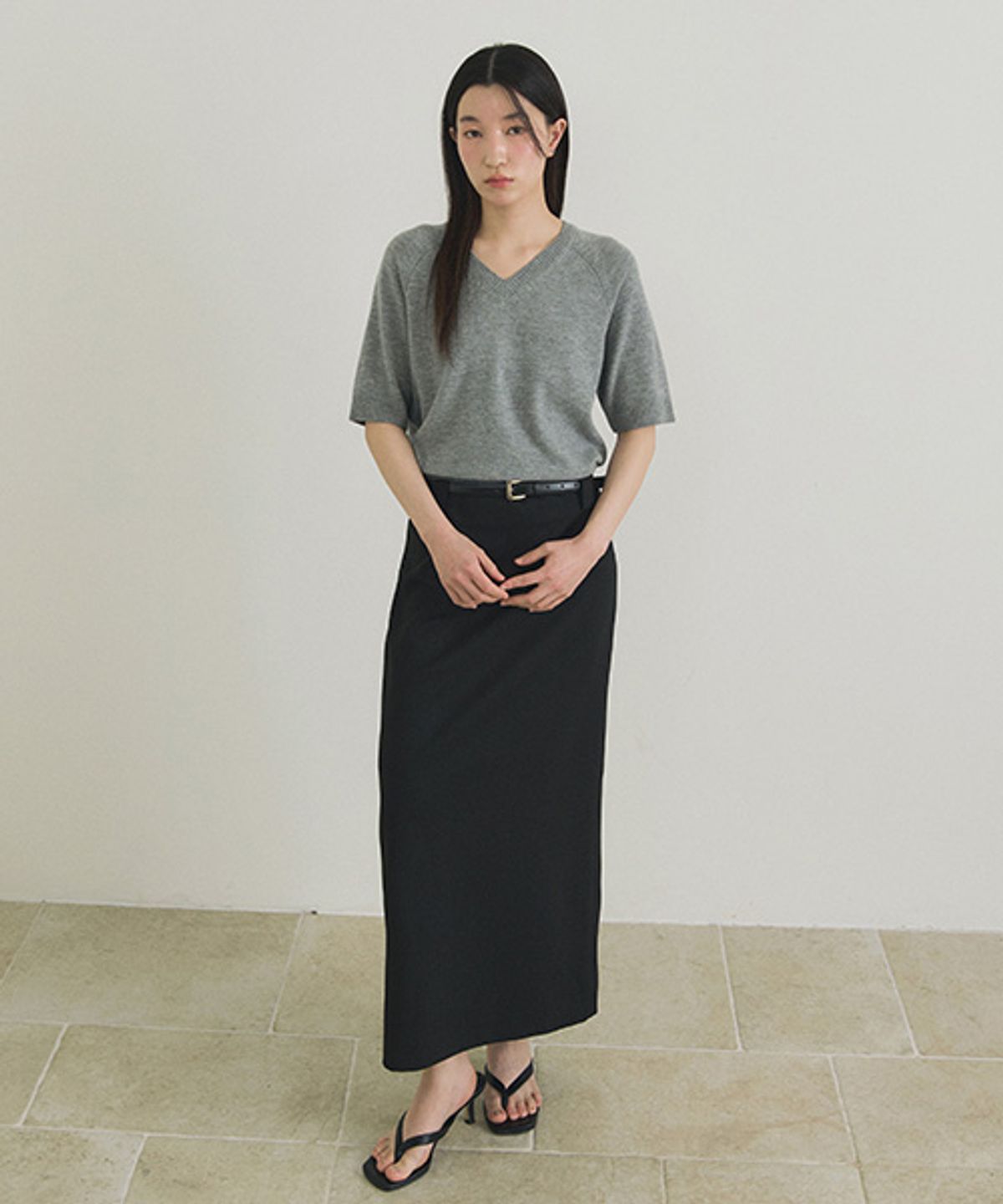 링서울(LINGSEOUL) merino wool v-neck half knit top-gray