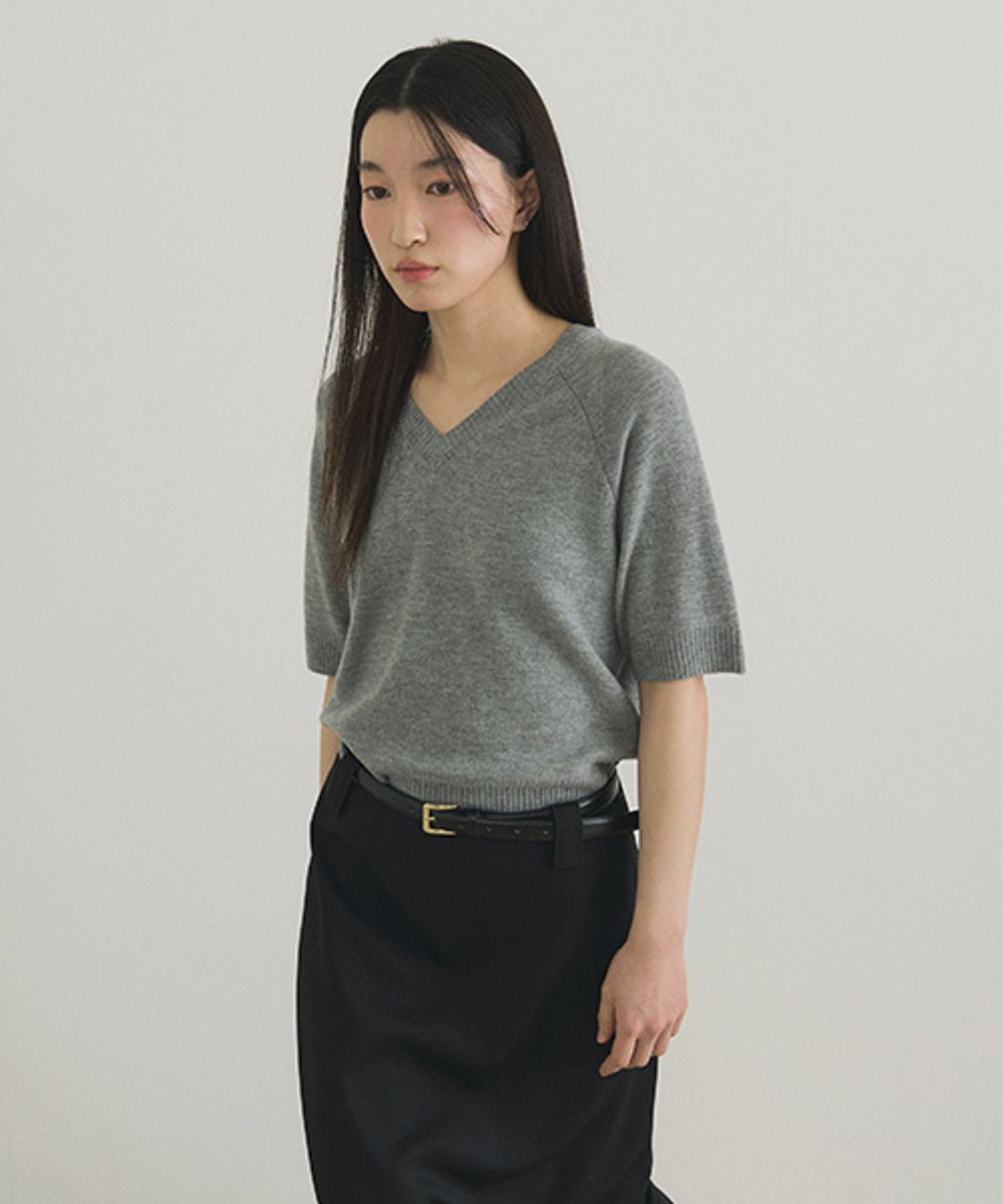링서울(LINGSEOUL) merino wool v-neck half knit top-gray