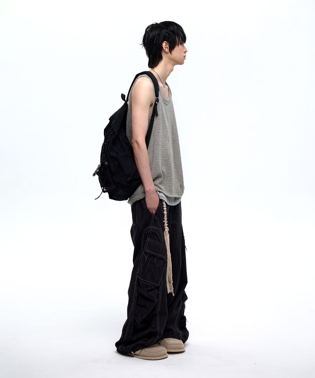 알에스에스씨(RSSC) WRINKLE MIXED STRIPE CARGO PANTS - BLACK