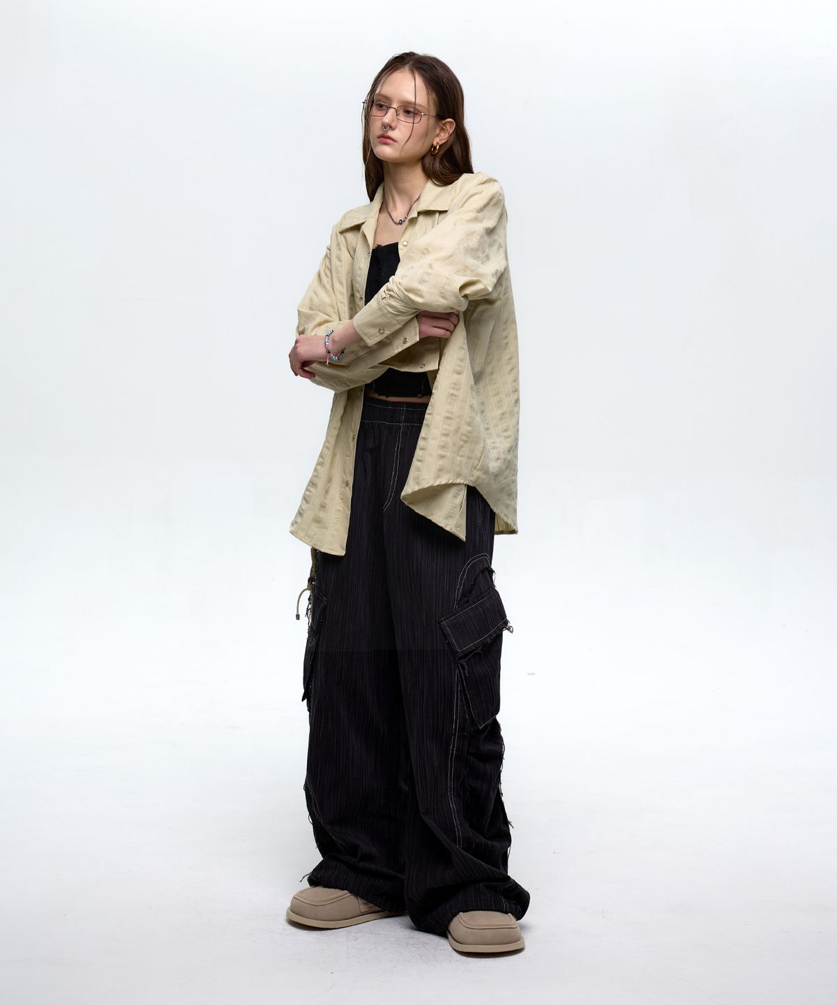 알에스에스씨(RSSC) WRINKLE MIXED STRIPE CARGO PANTS - BLACK