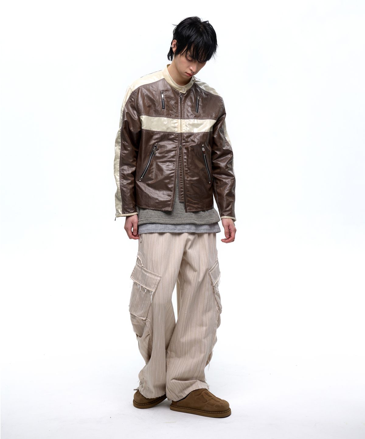 알에스에스씨(RSSC) WRINKLE MIXED STRIPE CARGO PANTS - BEIGE