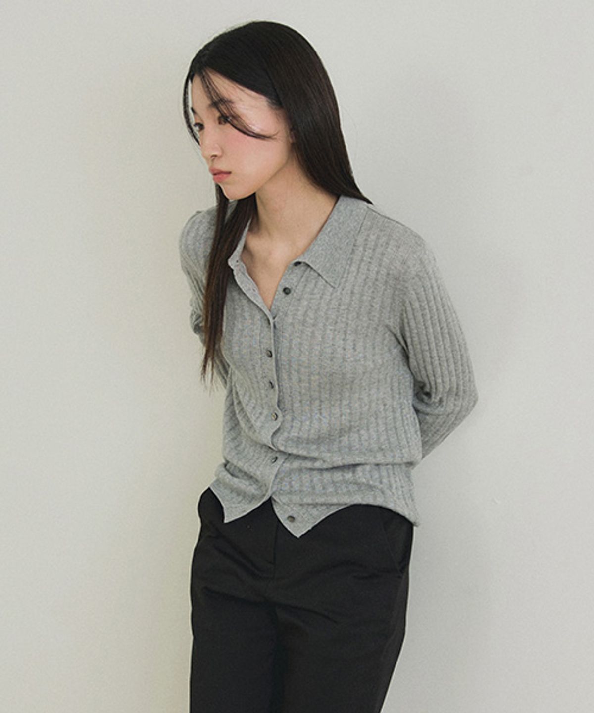 링서울(LINGSEOUL) collar neck knit cardigan-gray