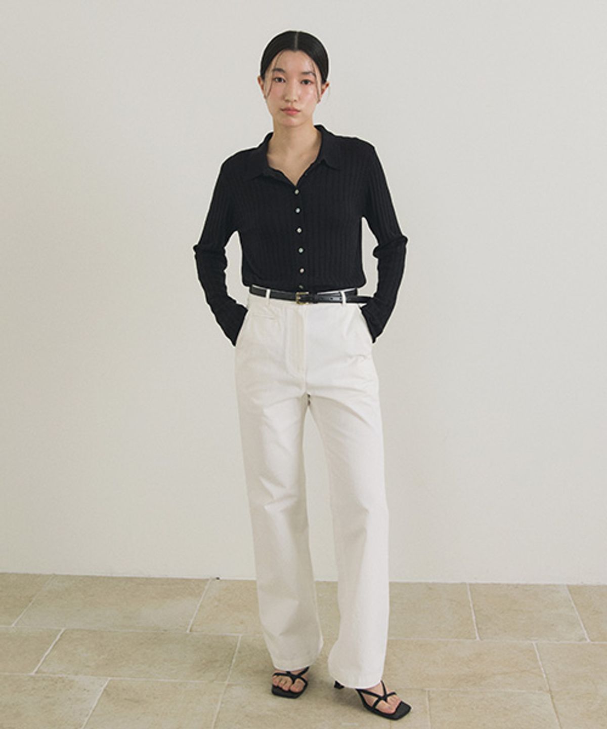 링서울(LINGSEOUL) collar neck knit cardigan-black