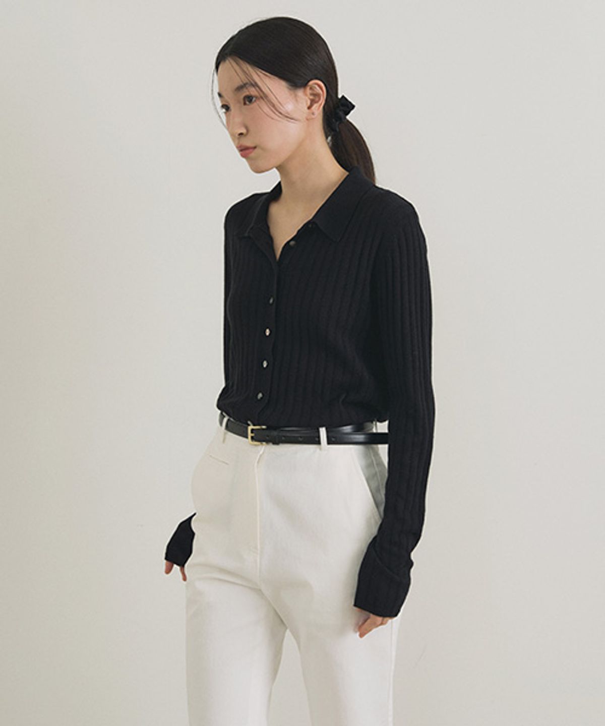 링서울(LINGSEOUL) collar neck knit cardigan-black