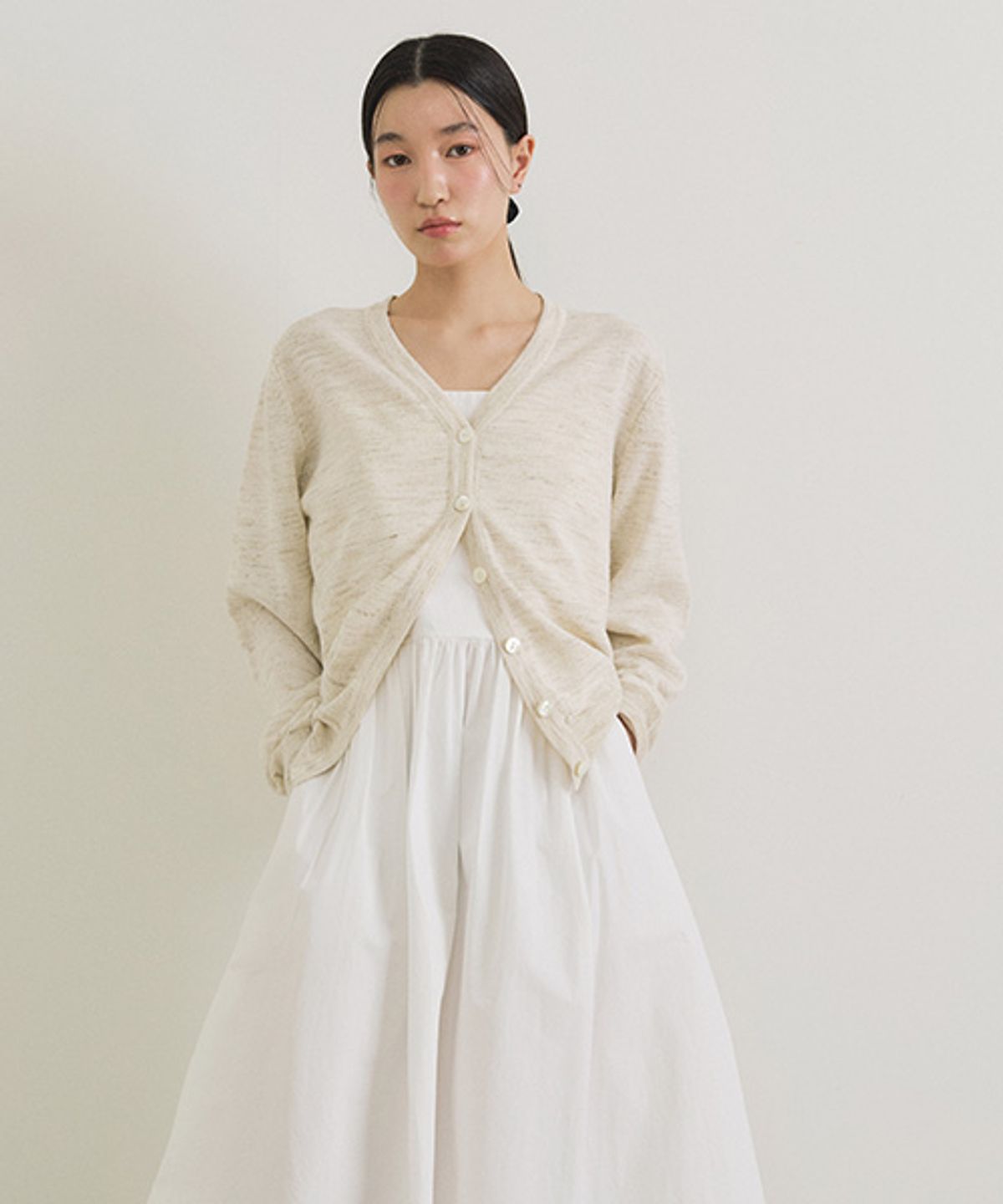 링서울(LINGSEOUL) slub v-neck knit cardigan-oatmeal