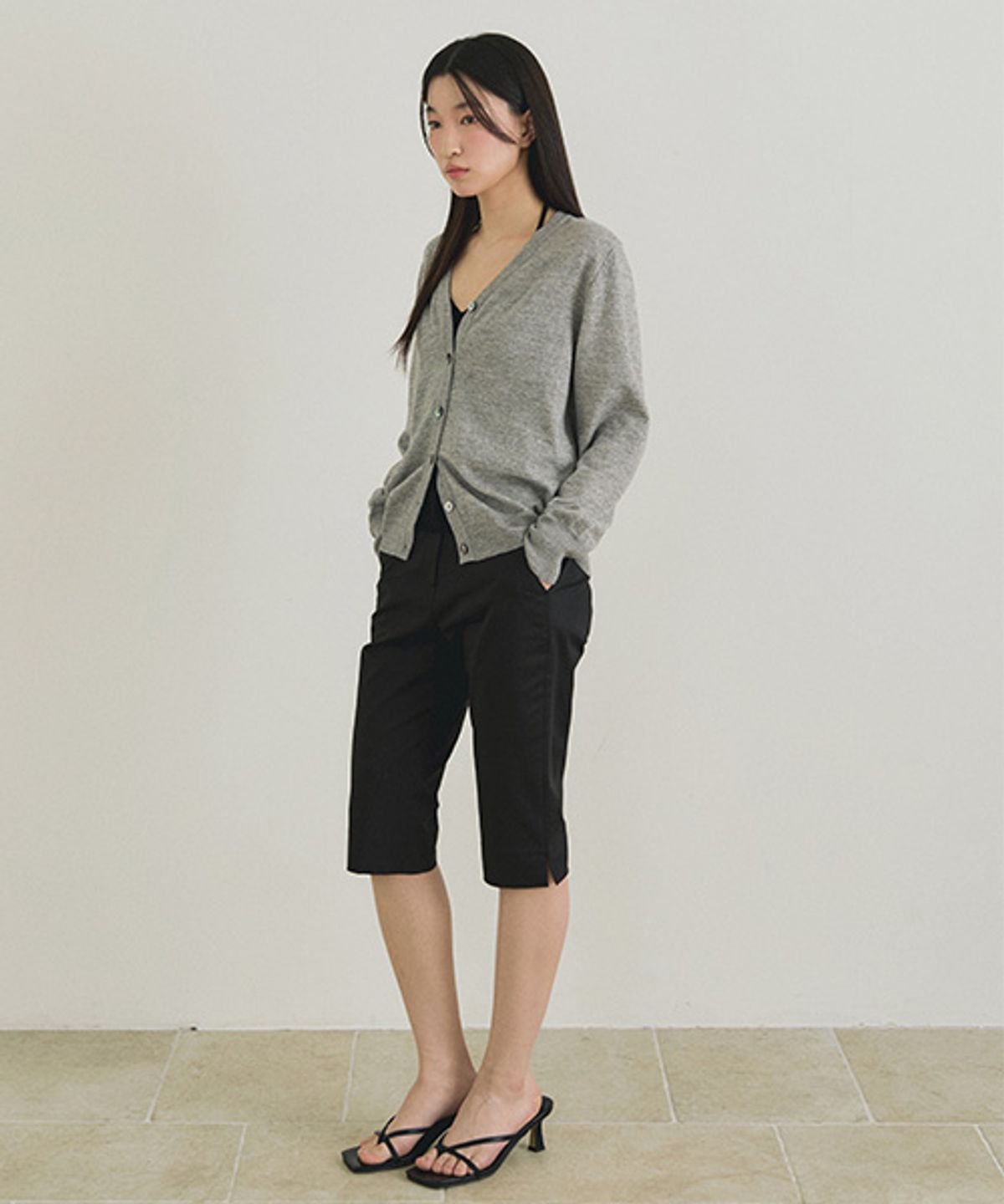 링서울(LINGSEOUL) slub v-neck knit cardigan-gray