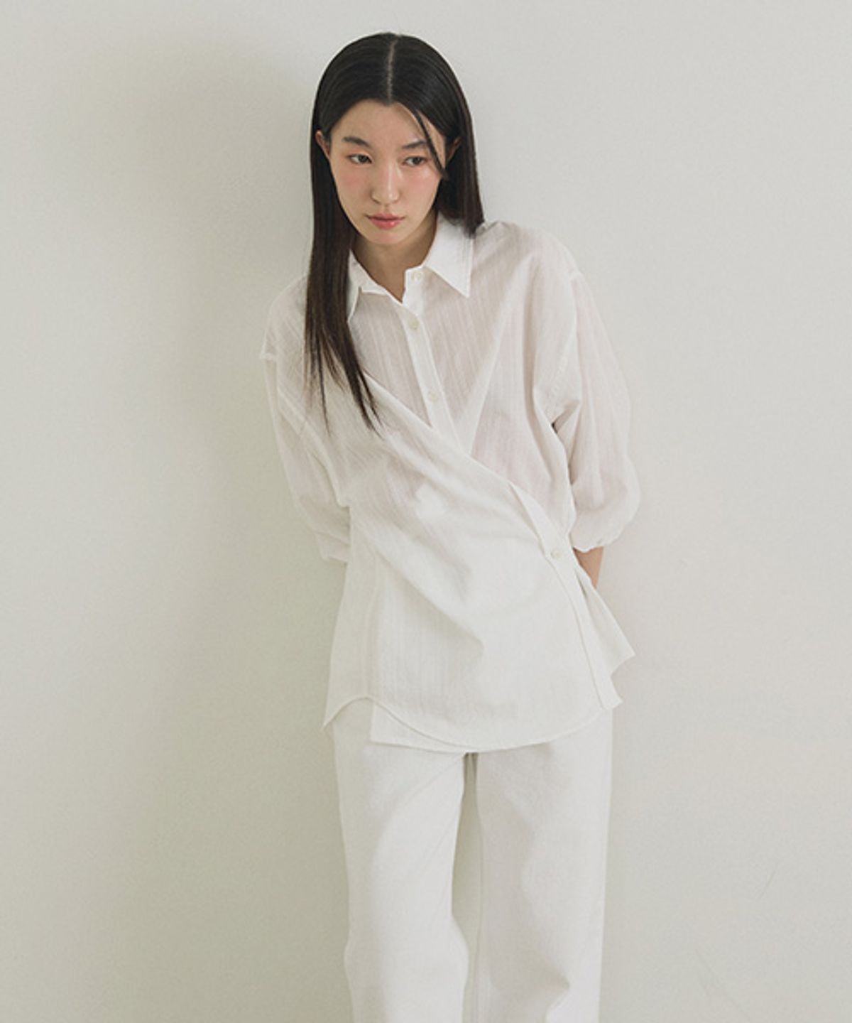 링서울(LINGSEOUL) stripe side button wrap shirt-ivory