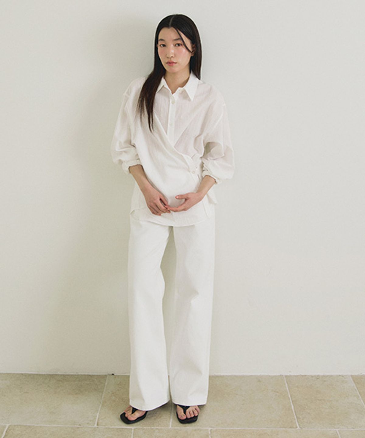 링서울(LINGSEOUL) stripe side button wrap shirt-ivory