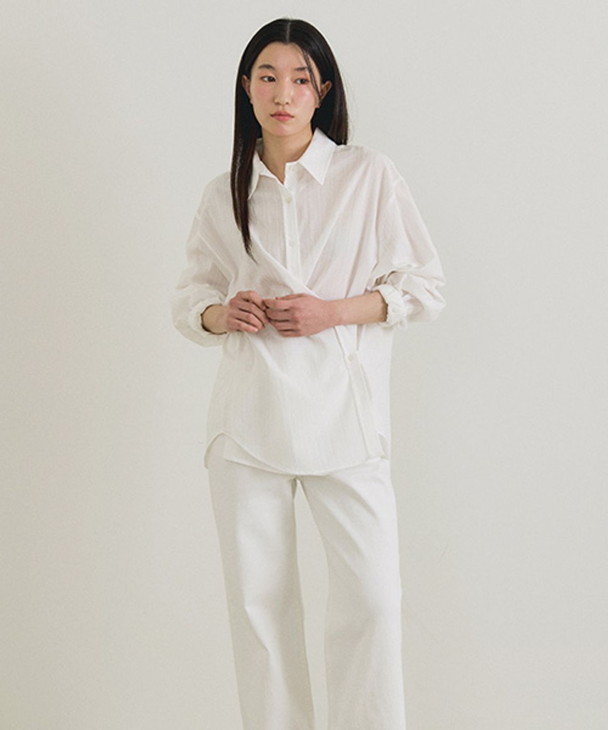 링서울(LINGSEOUL) stripe side button wrap shirt-ivory