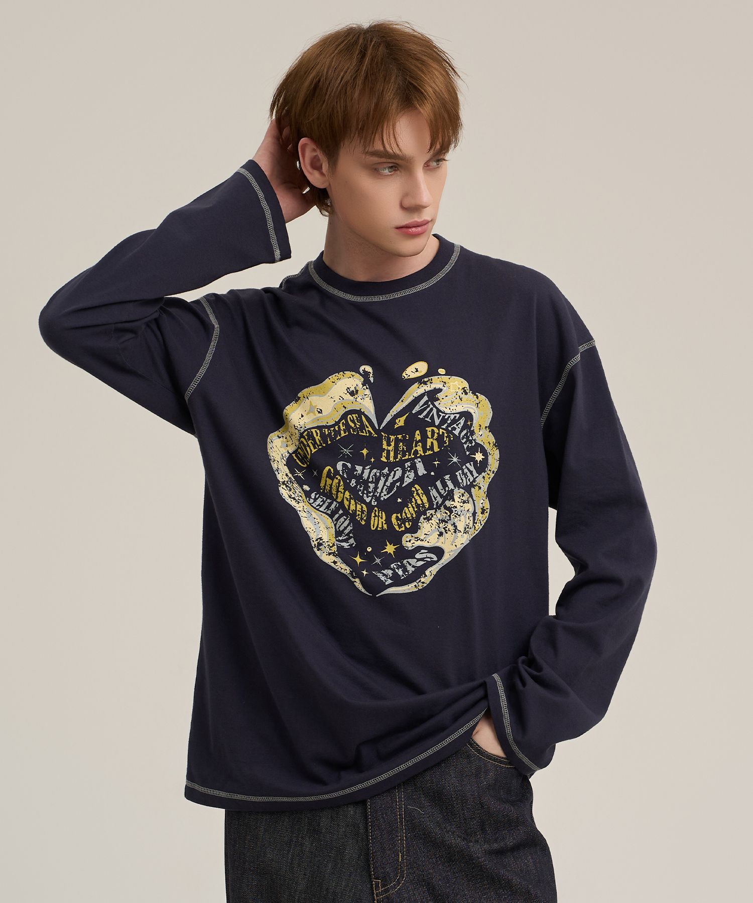 SUPERSUB ♥ Flowing Heart Long Sleeve T-shirt /追跡付 MUSINSA | SUPERSUB Below Heart Long Sleeve Tee - Navy
