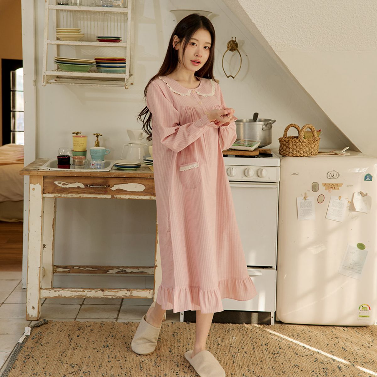 찌니야(JJNIYA) 여성용 베인 40수 순면 긴팔원피스잠옷