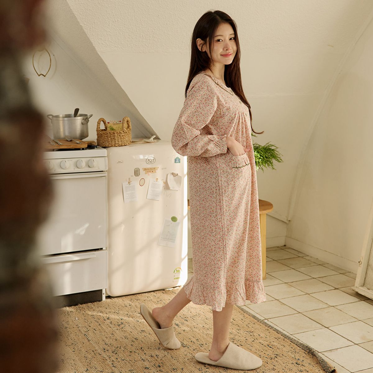 찌니야(JJNIYA) 여성용 카델플라워 60수 순면 긴팔원피스잠옷