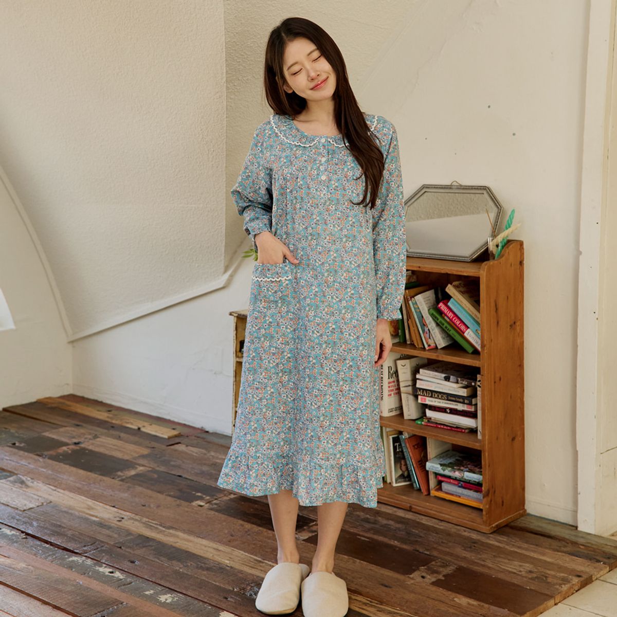 찌니야(JJNIYA) 여성용 로시플라워 긴팔원피스잠옷