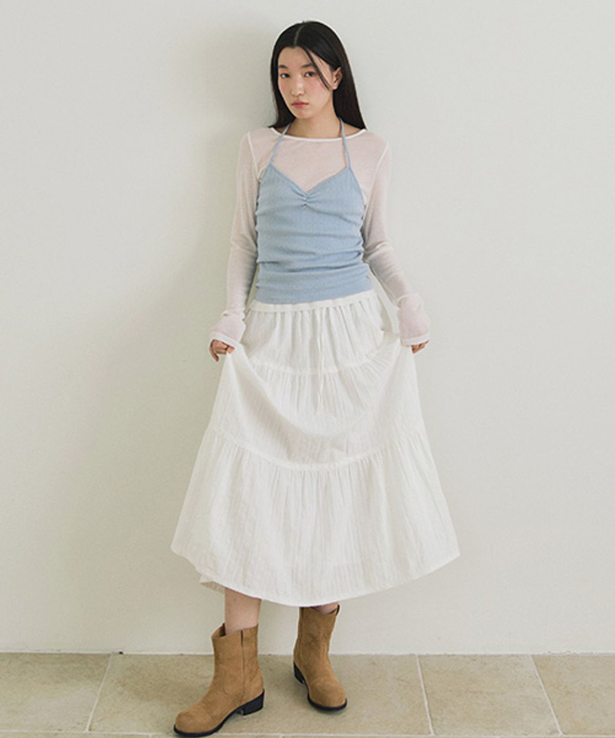 링서울(LINGSEOUL) cancan shirring long skirt-ivory
