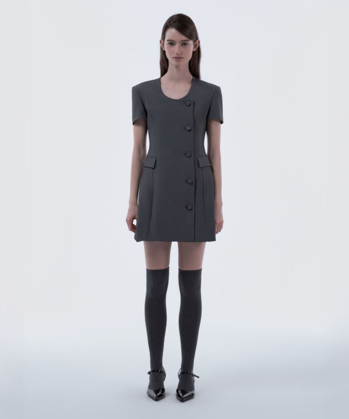 마우솔레움(MAU SOLEUM) Jenn Round Neck Half-Sleeve Suit Jacket Dress - Grey