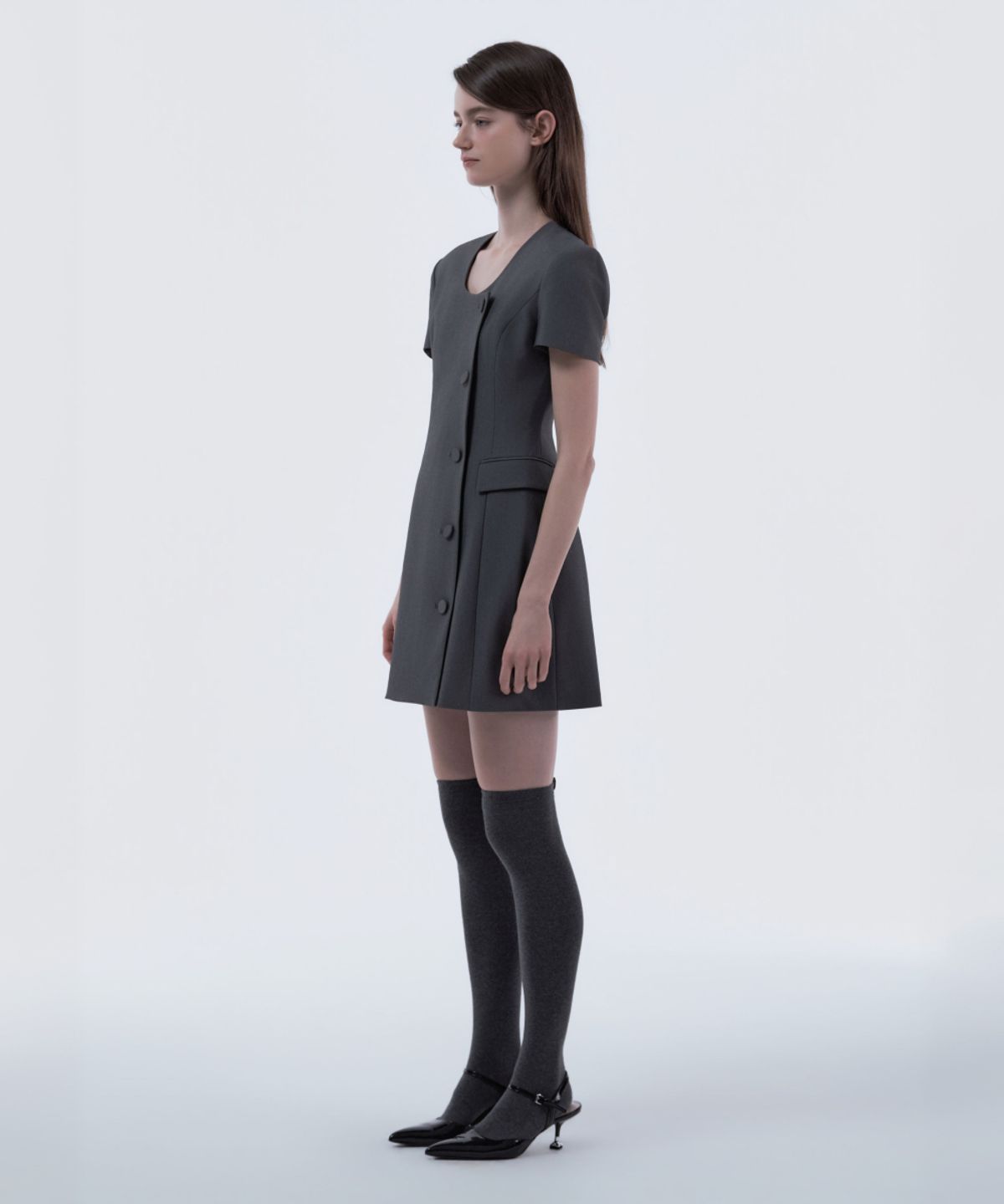 마우솔레움(MAU SOLEUM) Jenn Round Neck Half-Sleeve Suit Jacket Dress - Grey