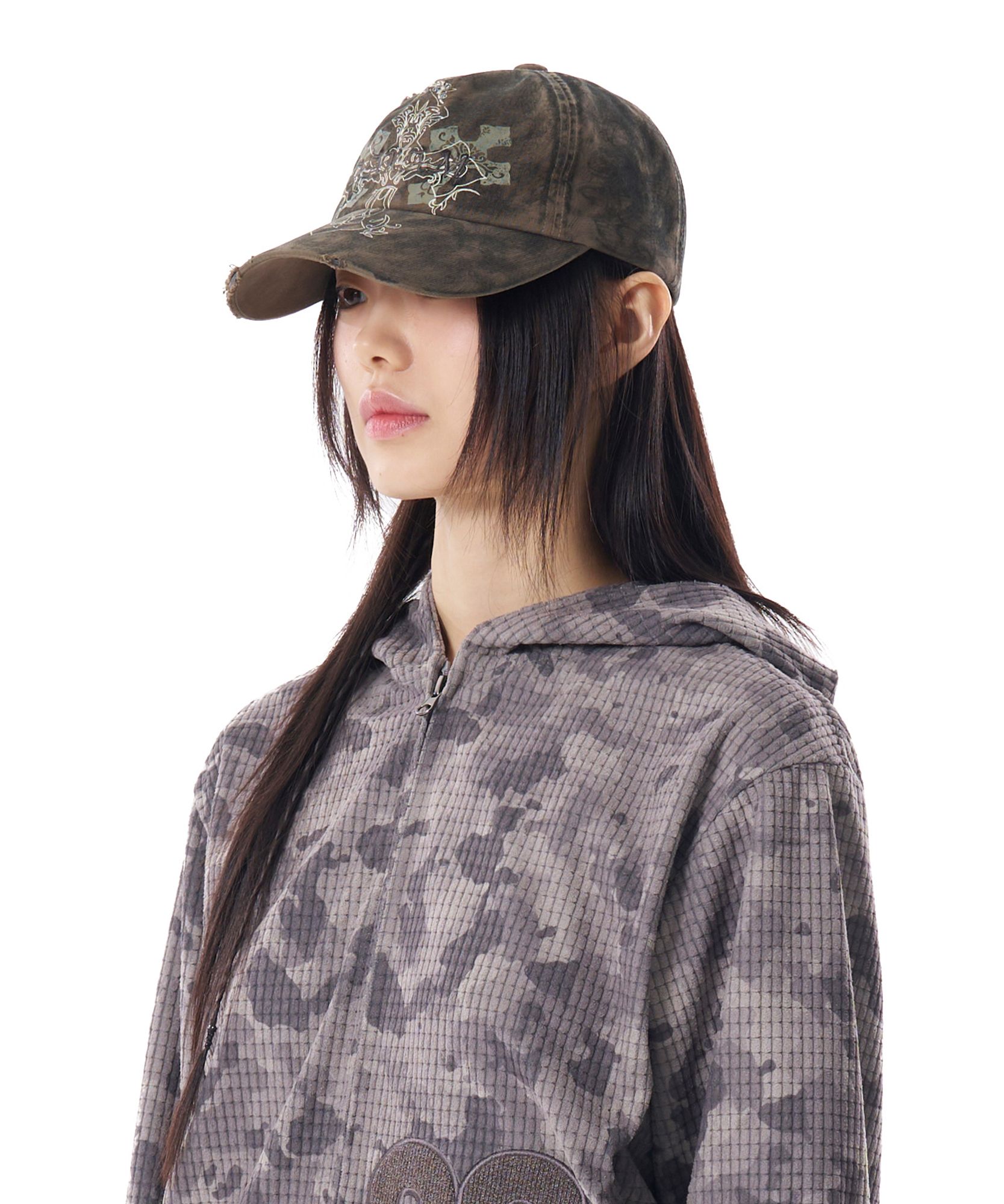 MUSINSA公式 | AAKAM CROS2 Washed Damage Ball Cap (Khaki)