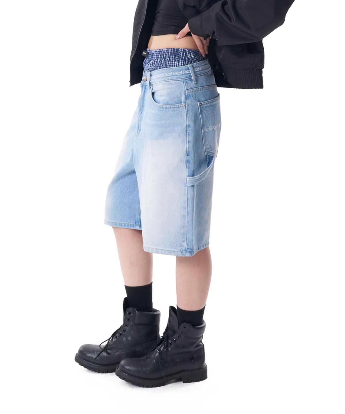아캄(AAKAM) Needlework Carpenter Bermuda Denim Pants (Blue)