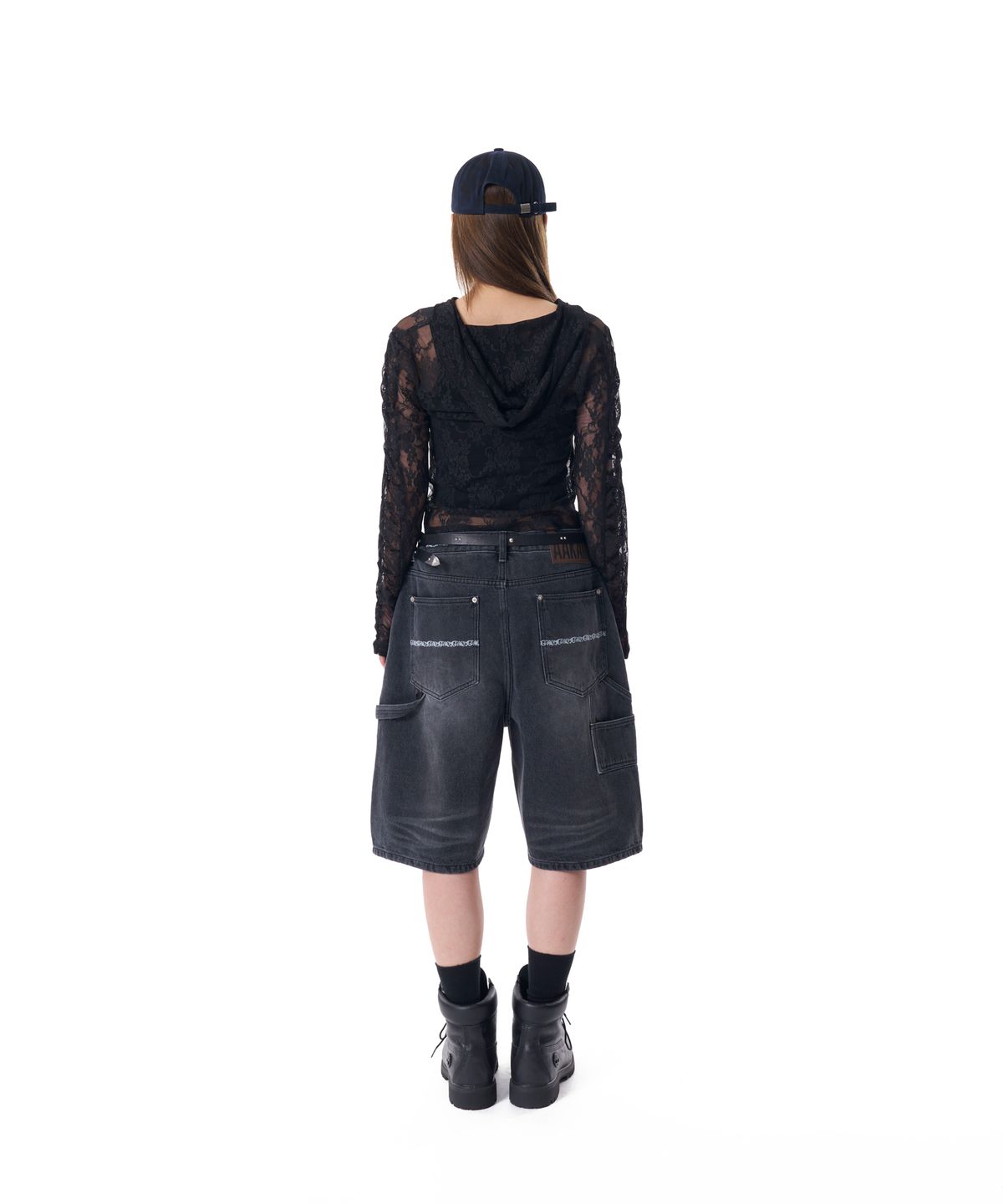아캄(AAKAM) Needlework Carpenter Bermuda Denim Pants (Black)