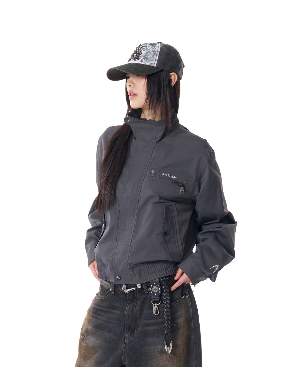 아캄(AAKAM) High-Neck Button Jacket (Dark Gray)