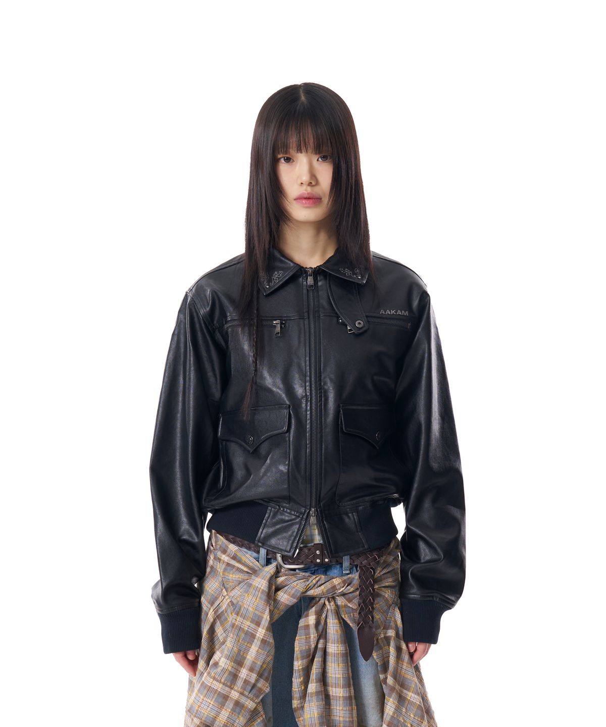 아캄(AAKAM) Western Collar Leather Jacket (Black)