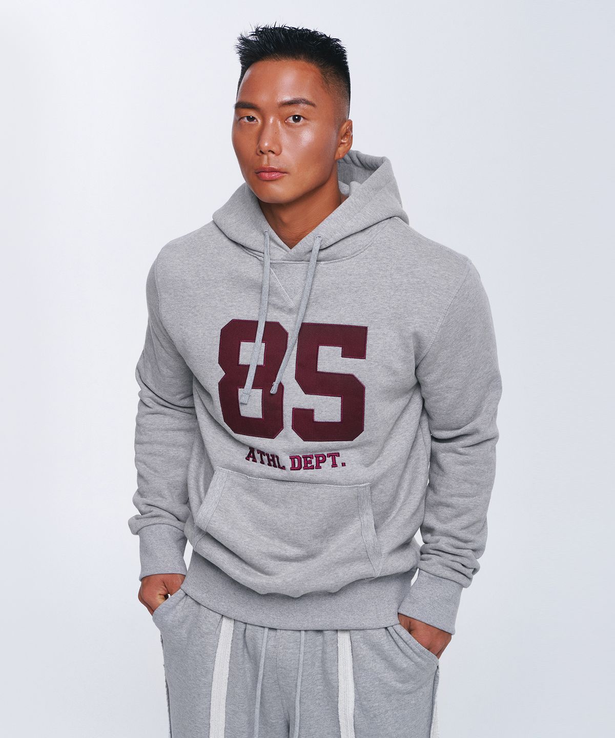 본투윈(BORN TO WIN) 85 APPLIQUE MUSCLE FIT HOODIE [MELANGE GREY]