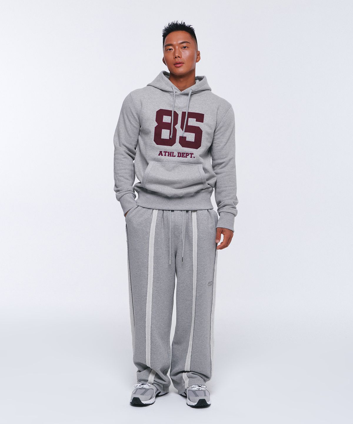 본투윈(BORN TO WIN) 85 APPLIQUE MUSCLE FIT HOODIE [MELANGE GREY]