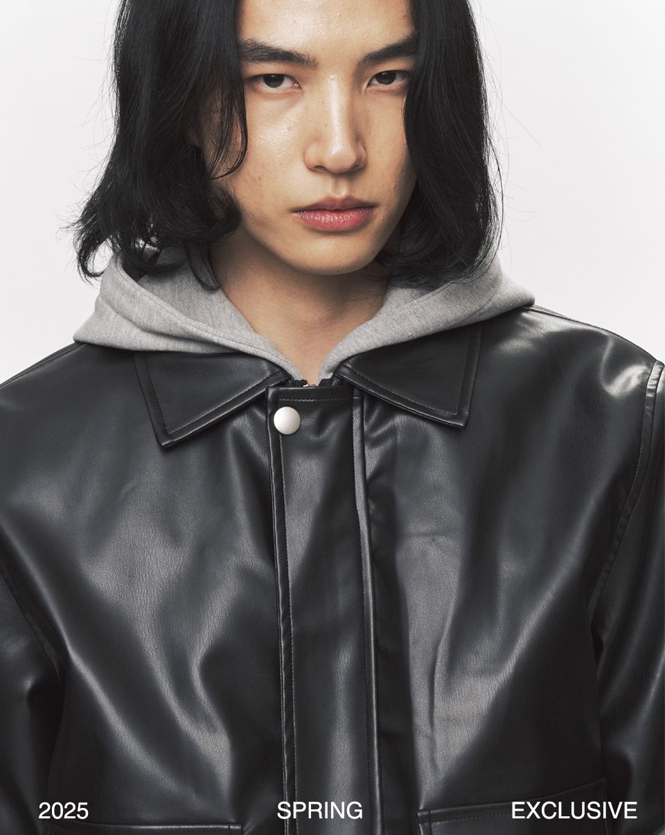 MUSINSA | BLACK MOMENT Hooded Layered Vegan Leather Jacket [Black]