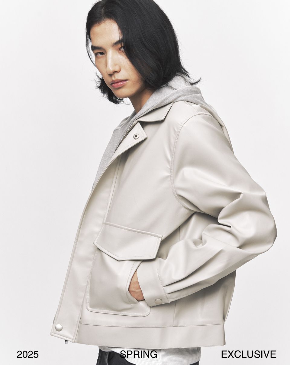 MUSINSA | BLACK MOMENT Hooded Layered Vegan Leather Jacket [Ivory]