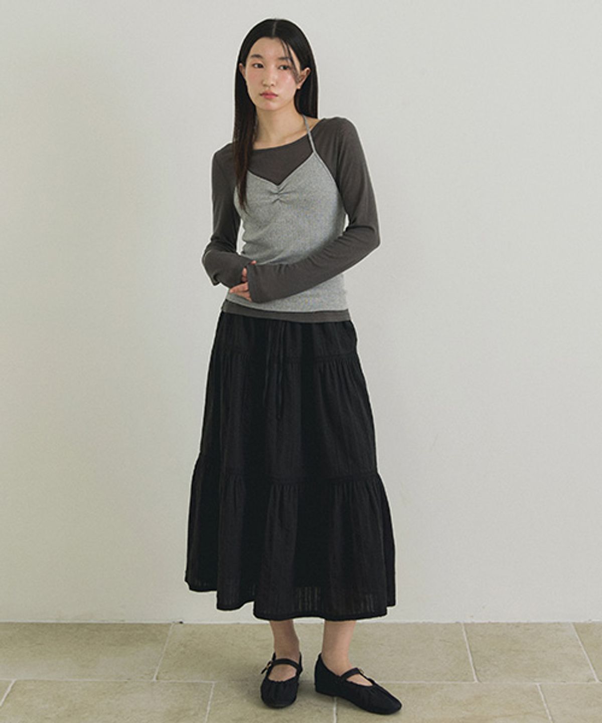 링서울(LINGSEOUL) cancan shirring long skirt-black