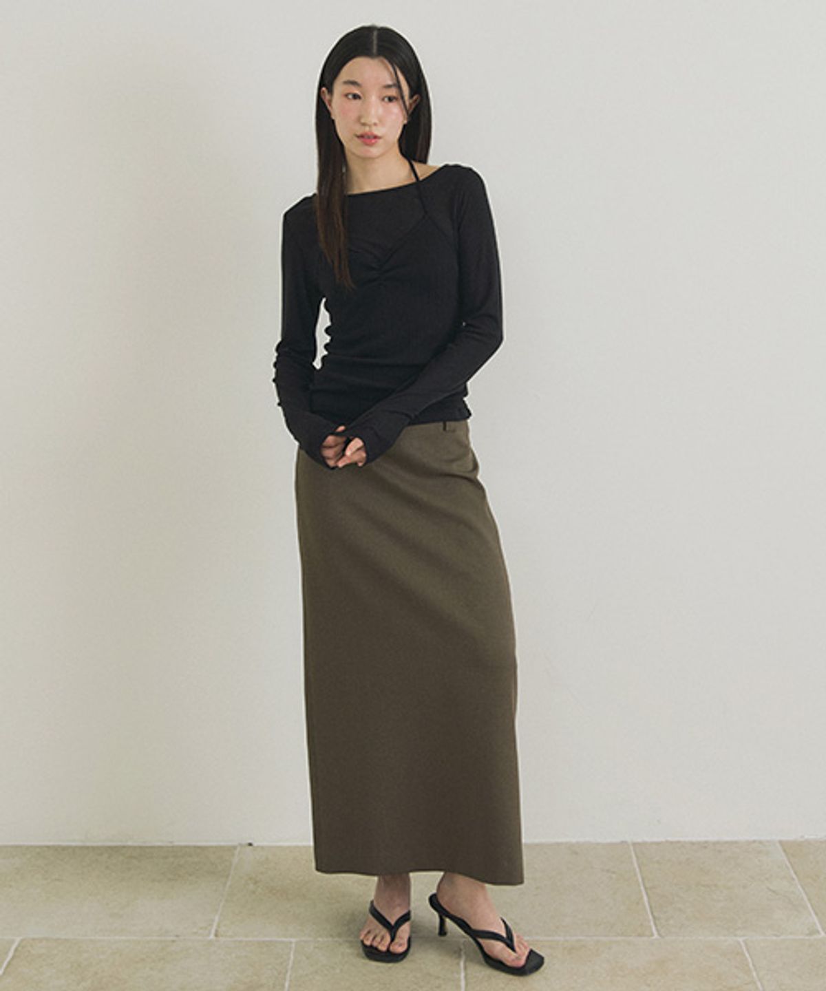 링서울(LINGSEOUL) basic slit long skirt-khaki brown