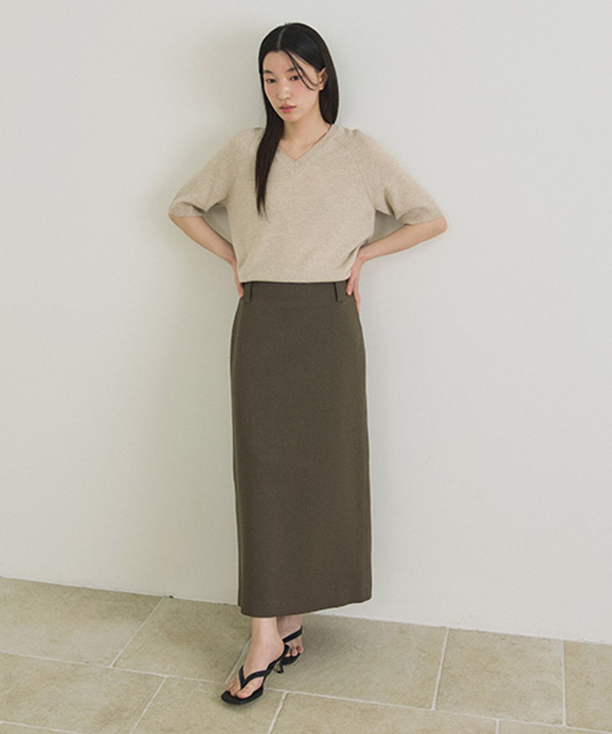 링서울(LINGSEOUL) basic slit long skirt-khaki brown