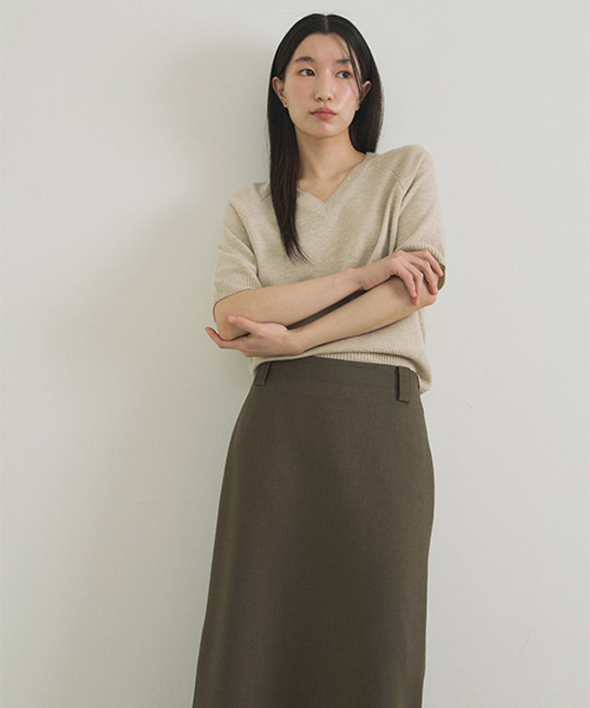 링서울(LINGSEOUL) basic slit long skirt-khaki brown