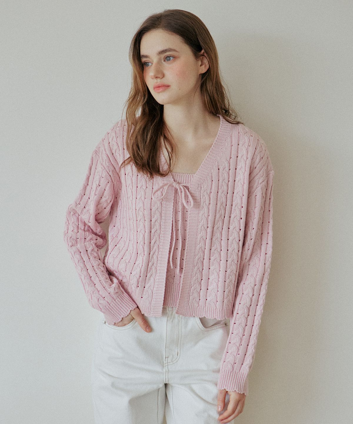 엽페(YUPPE) LACE RIBBON CARDIGAN_PINK
