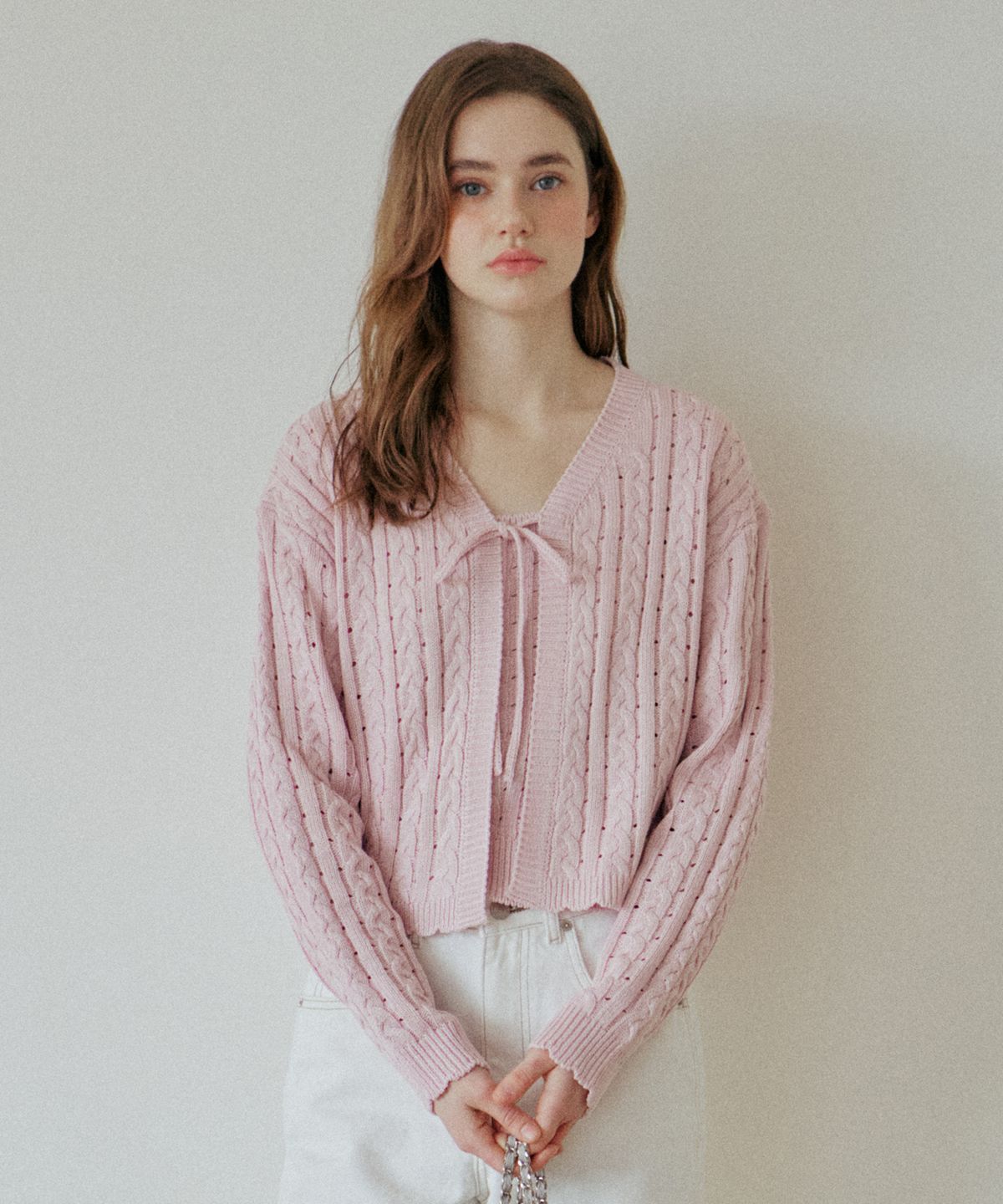 엽페(YUPPE) LACE RIBBON CARDIGAN_PINK