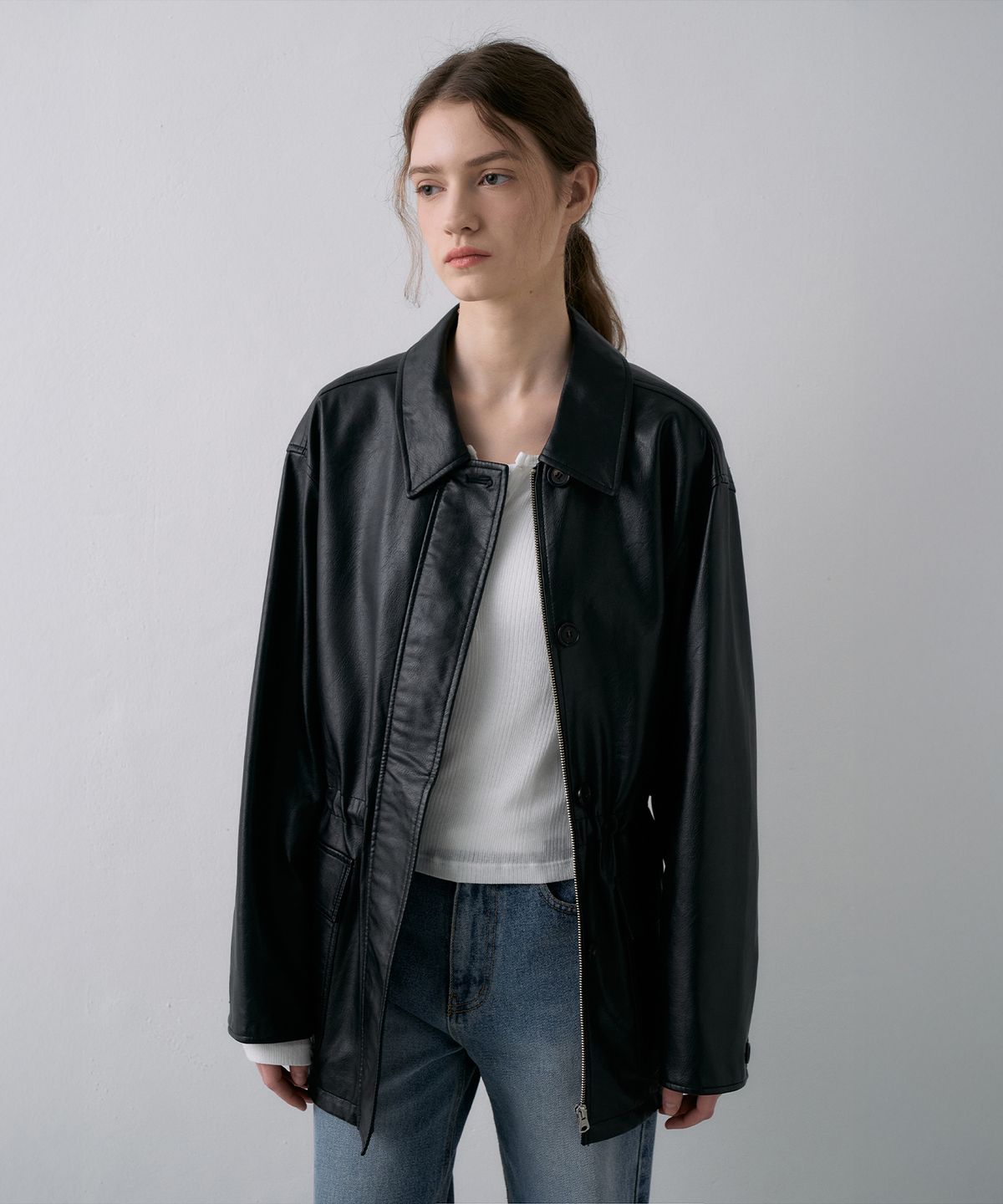 라메레이(LAMEREI) Leather Half Jacket[LMBFSP25JK5103]-Black